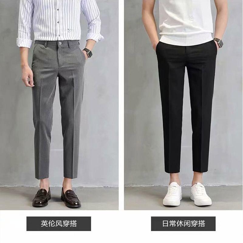 Mid Rise Plain Cropped Tapered Dress Pants Product Image