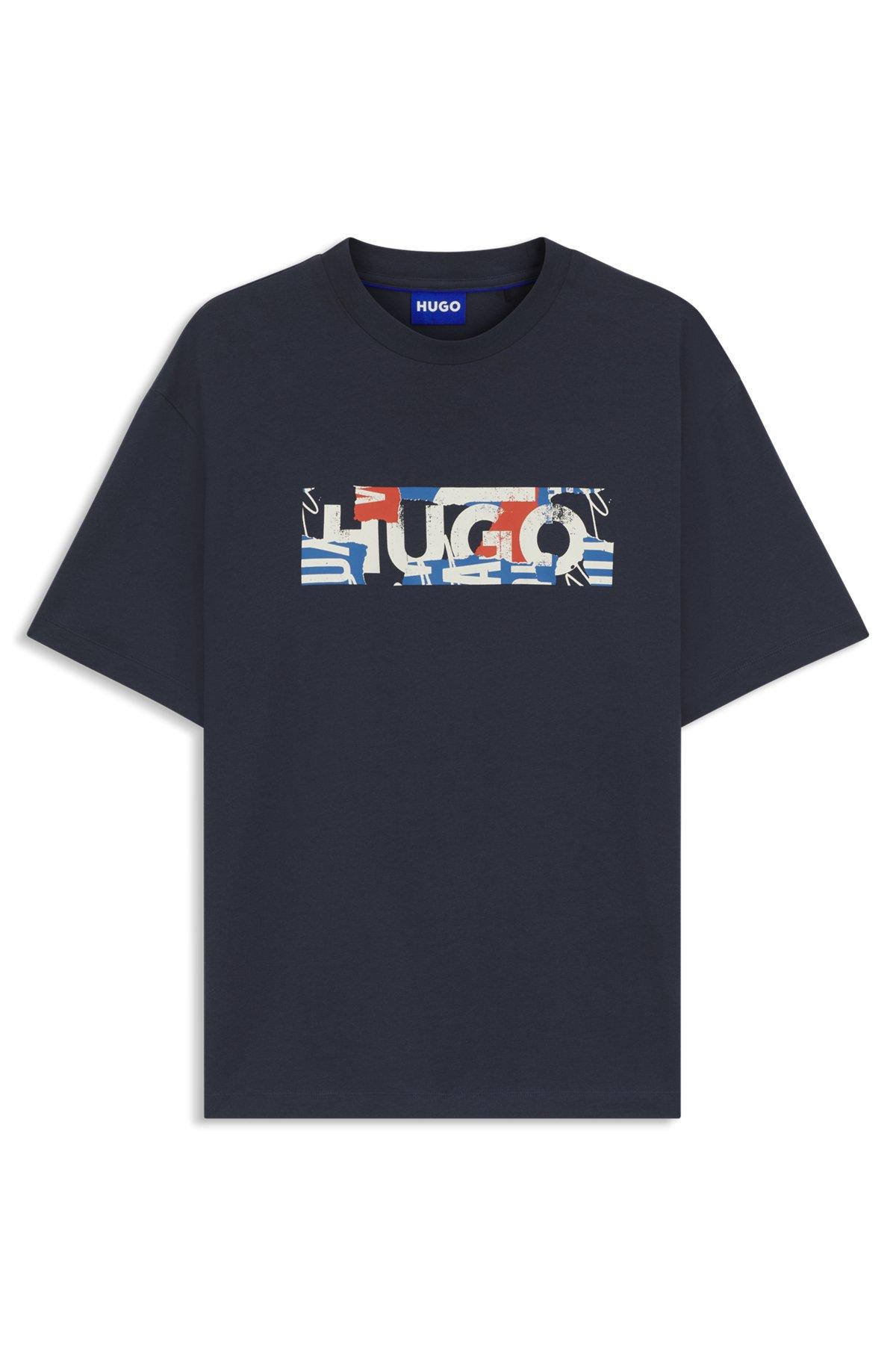 HUGO - Stretch-cotton T-shirt with graphic logo print - Dark Blue Product Image