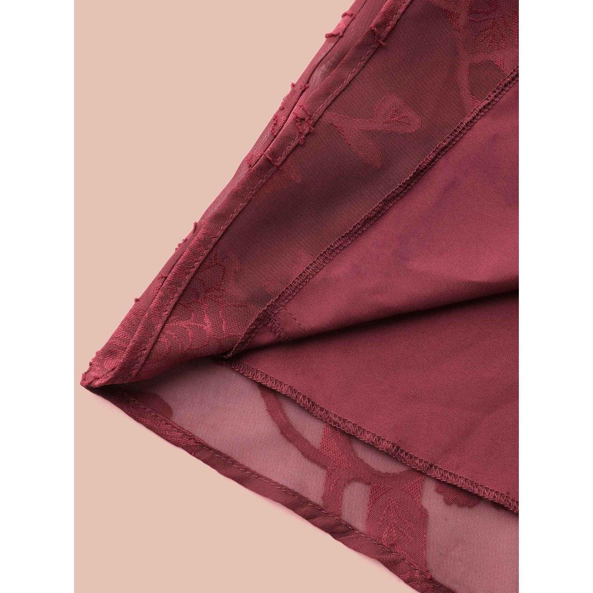 Plus Size Floral Frill Trim Stretchy-Waist Sheer Midi Dress Burgundy Women Elegant Texture Square Neck Elbow-length sleeve Curvy BloomChic 22-24/3X Product Image