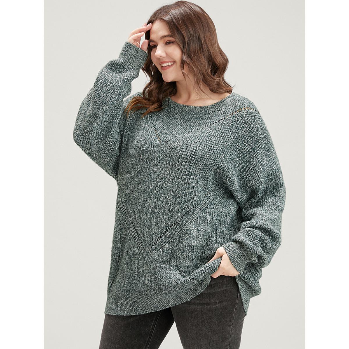 Plus Size Solid Pointelle Knit Round Neck Cut Out Heather Knit Top Cyan Women Casual Loose Long Sleeve Round Neck Dailywear Pullovers BloomChic 26/4X Product Image