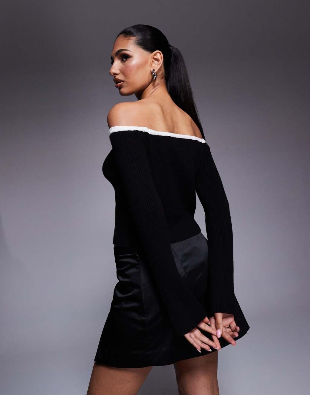 ASOS DESIGN knit off the shoulder sweater with contrast trim in black Product Image