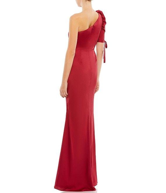 Mac Duggal Satin Asymmetrical One Shoulder Tie Short Puff Sleeve Sheath Gown Product Image