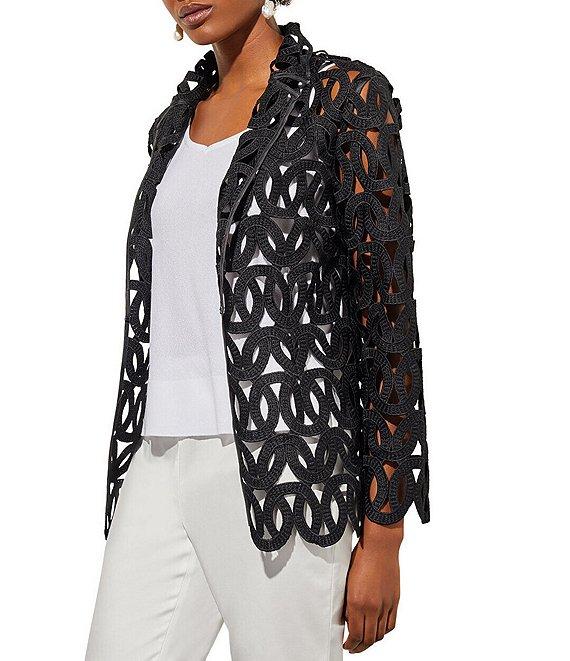 Ming Wang Novelty Woven Geo Circle Cutout Lapel Collar Long Sleeve Jacket Product Image