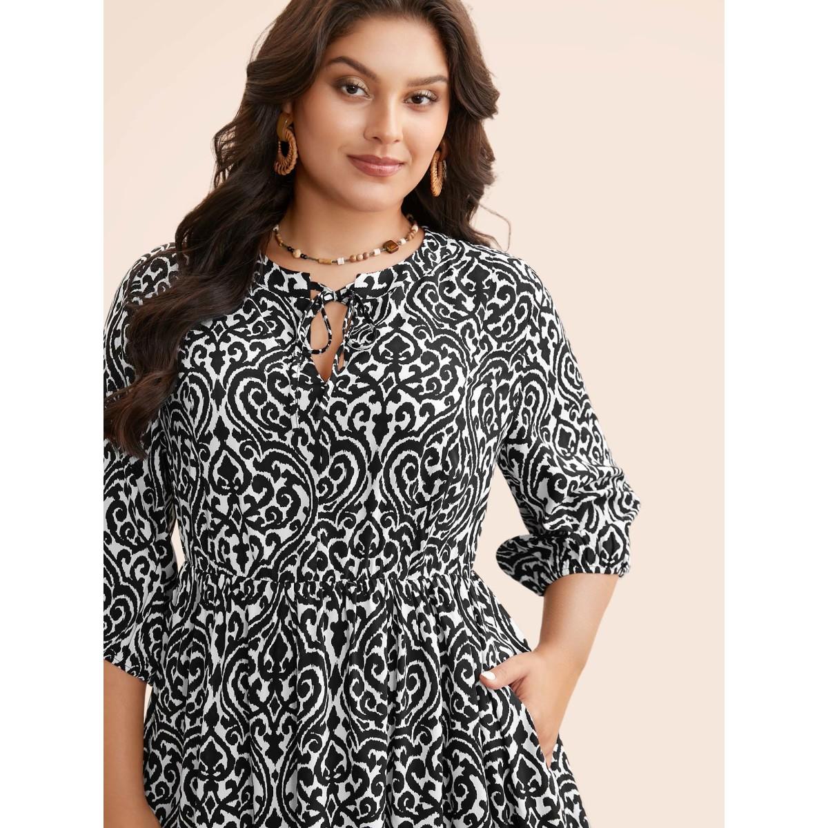 Plus Size Damask Print Tie Knot Puff Sleeve Dress BlackFlower Women Resort Tie knot V-neck Elbow-length sleeve Curvy BloomChic 30/6X Product Image