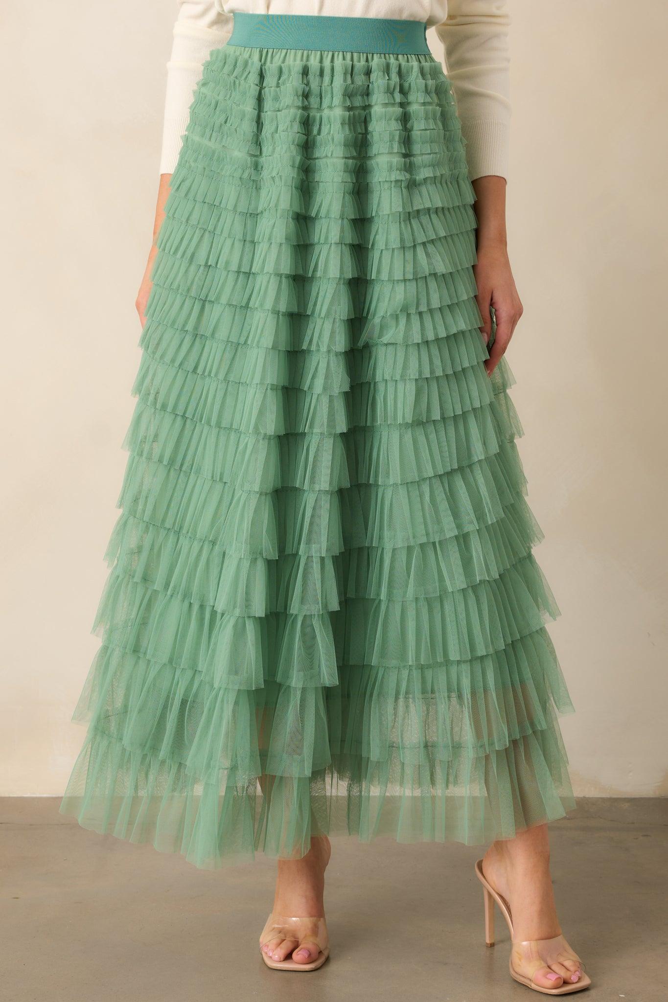 Garden Gathering Sage Tiered Ruffle Tulle Maxi Skirt Product Image
