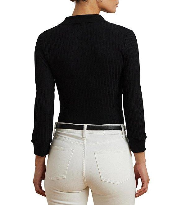 Lauren Ralph Lauren Rib-Knit Polo Collar 3/4 Sleeve Shirt Product Image
