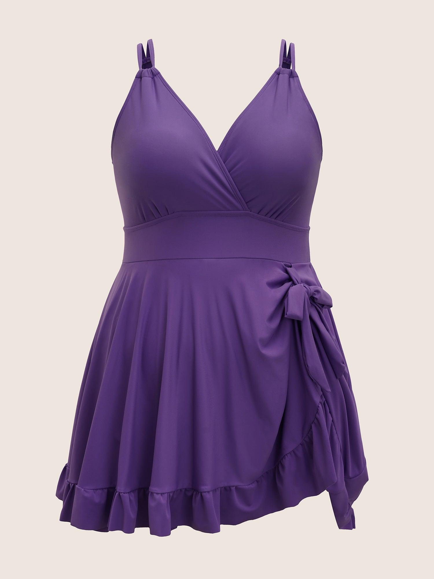 V Neck Solid Tie Knot Ruffles Swim Dress Female Product Image