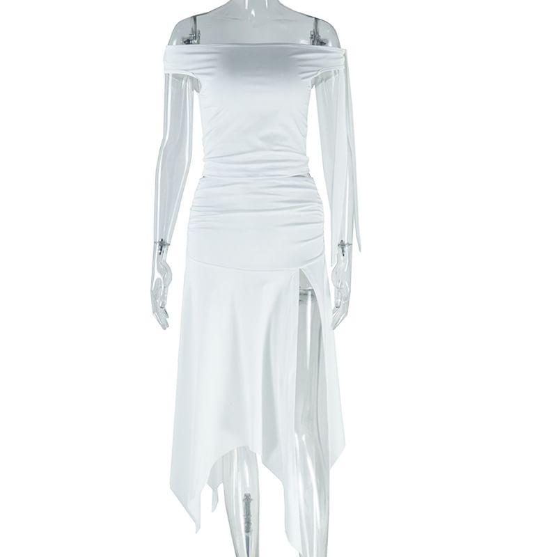 Sleeveless Off-Shoulder Plain Cutout Asymmetrical Slit Midi A-Line Dress Product Image