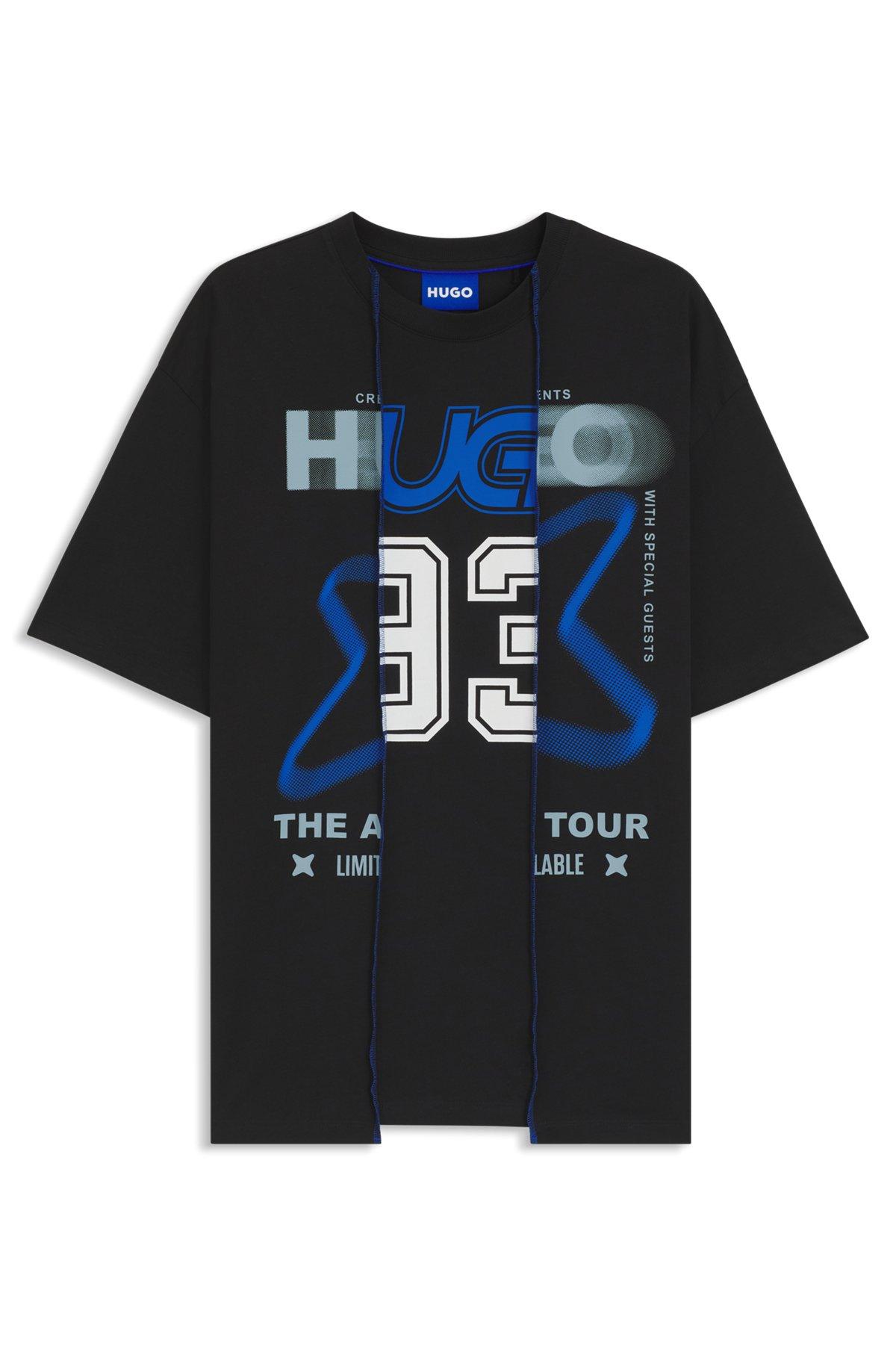 HUGO - Cotton-jersey T-shirt with layered effect - Black Product Image