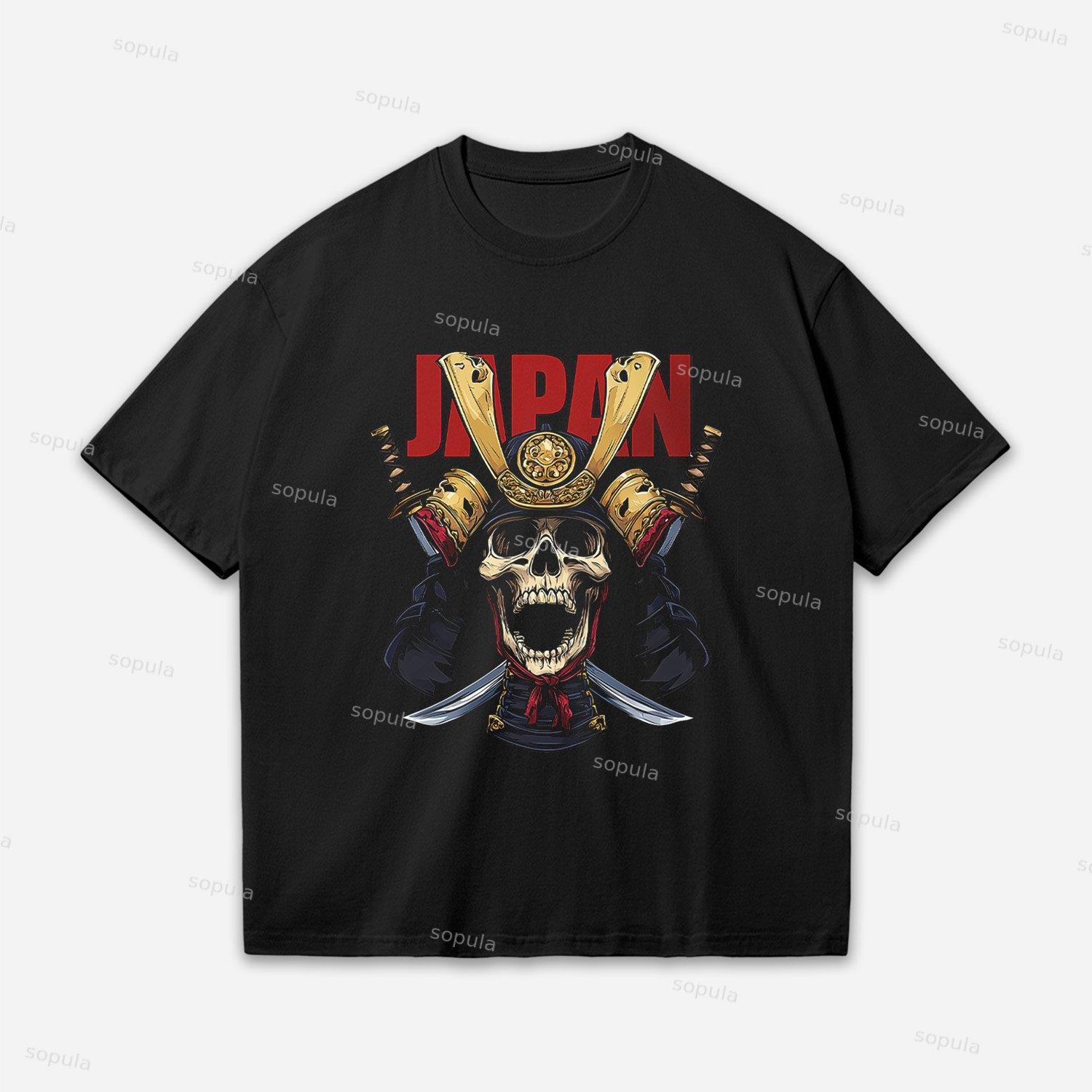 Japan Samurai Helmet Skull Oversized Cotton T-shirt Product Image