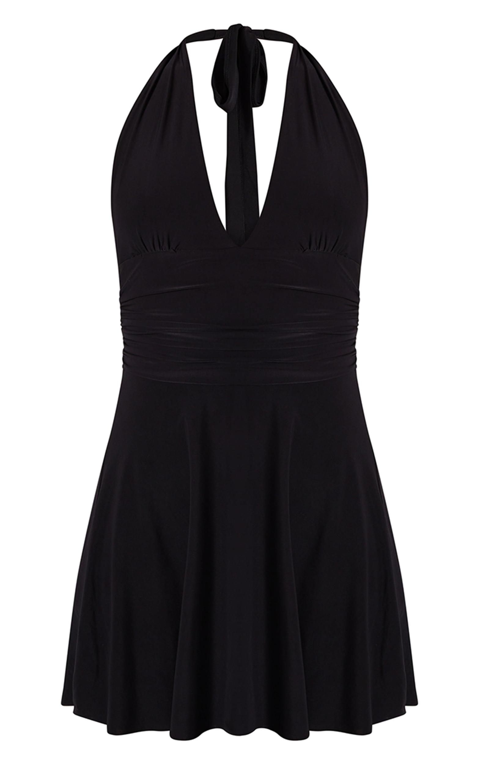 Black Double Layer Slinky Halter Neck Tie Back Shift Dress Product Image