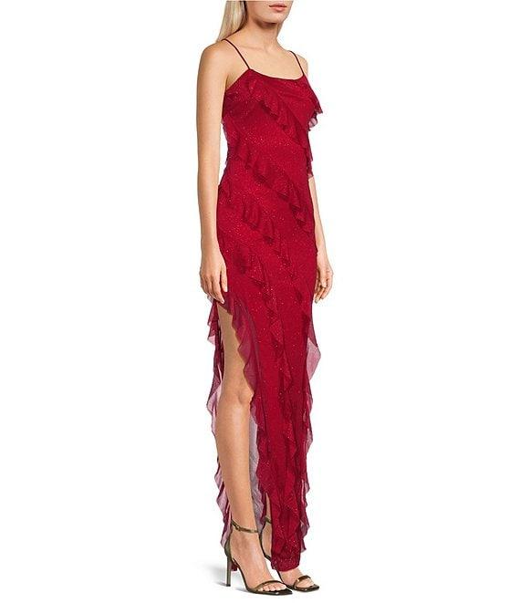 Honey and Rosie Spaghetti Strap Sleeveless Sheer Ruffle Glitter Jersey Dress Product Image