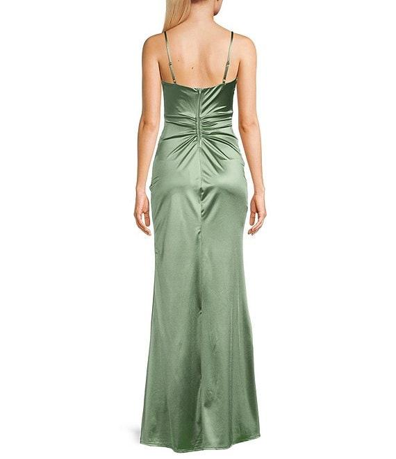Honey and Rosie Spaghetti-Strap Square-Neck Faux-Wrap Slit Hem Stretch Satin Long Dress Product Image