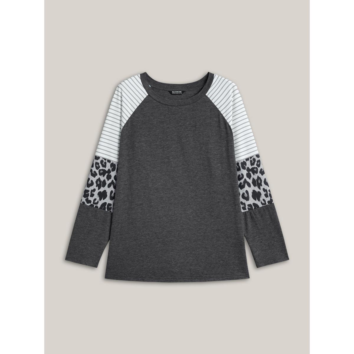 Plus Size Mixed Leopard Print Raglan Sleeve T-Shirt DimGray Women Leisure Contrast Round Neck Casual T-shirts BloomChic 22-24/3X Product Image