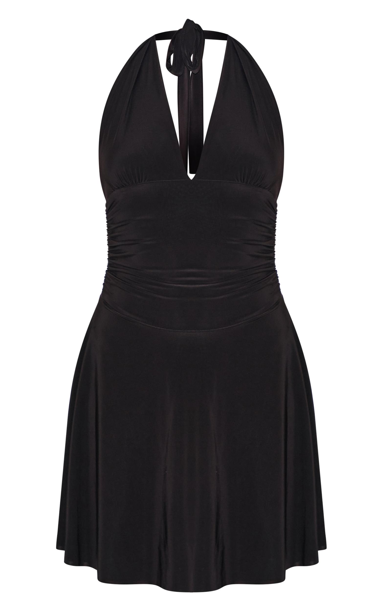 Black Double Layer Slinky Halter Neck Tie Back Shift Dress Product Image