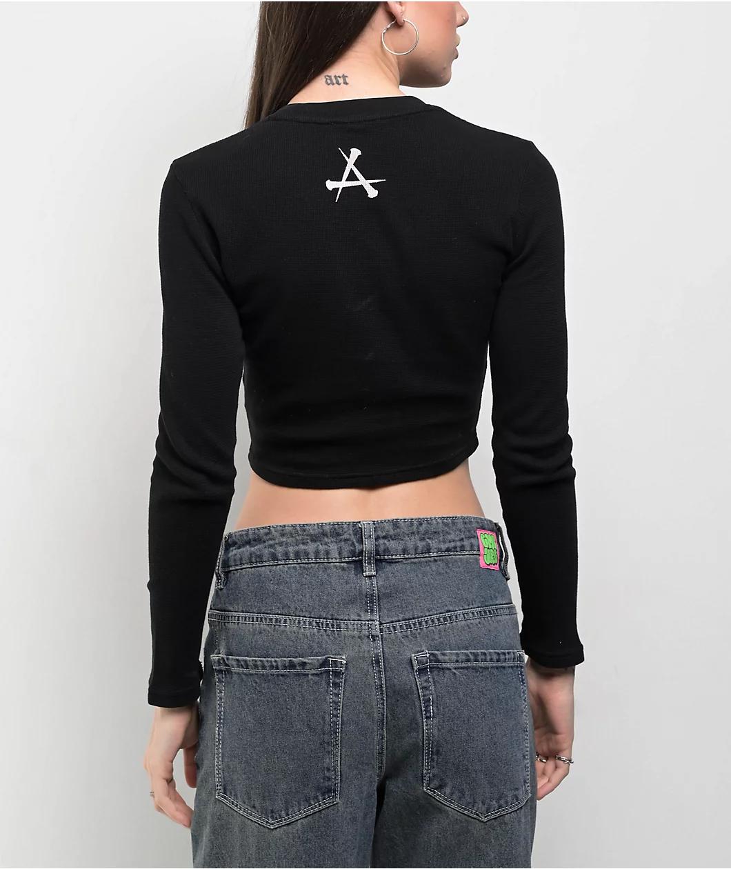 Affliction Winged Up Black Thermal Long Sleeve Crop T-Shirt Product Image