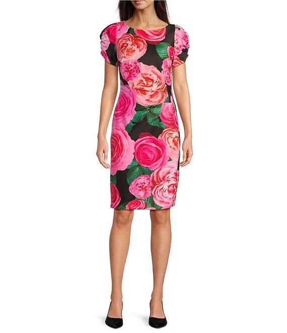 KARL LAGERFELD PARIS Scuba Floral Print Crew Neck Short Sleeve Sheath Mini Dress Product Image