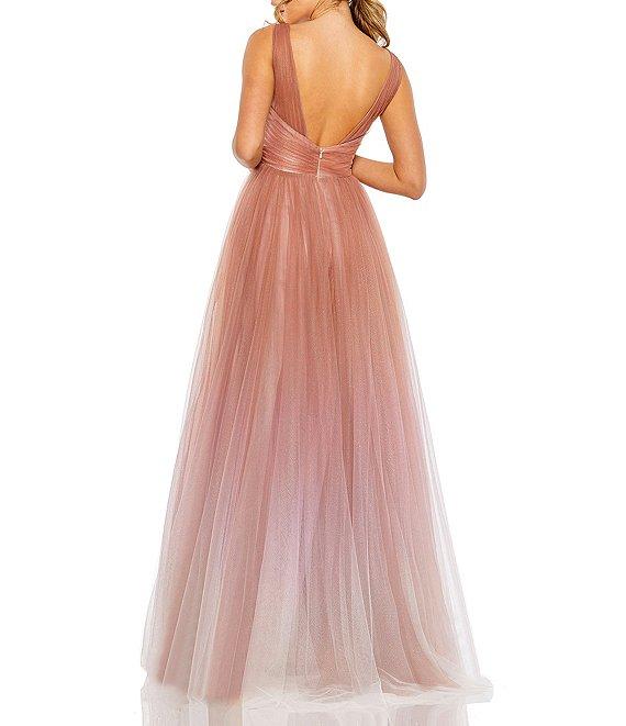 Mac Duggal V-Neck Shirred Bodice Giltter Ombre Ballgown Product Image