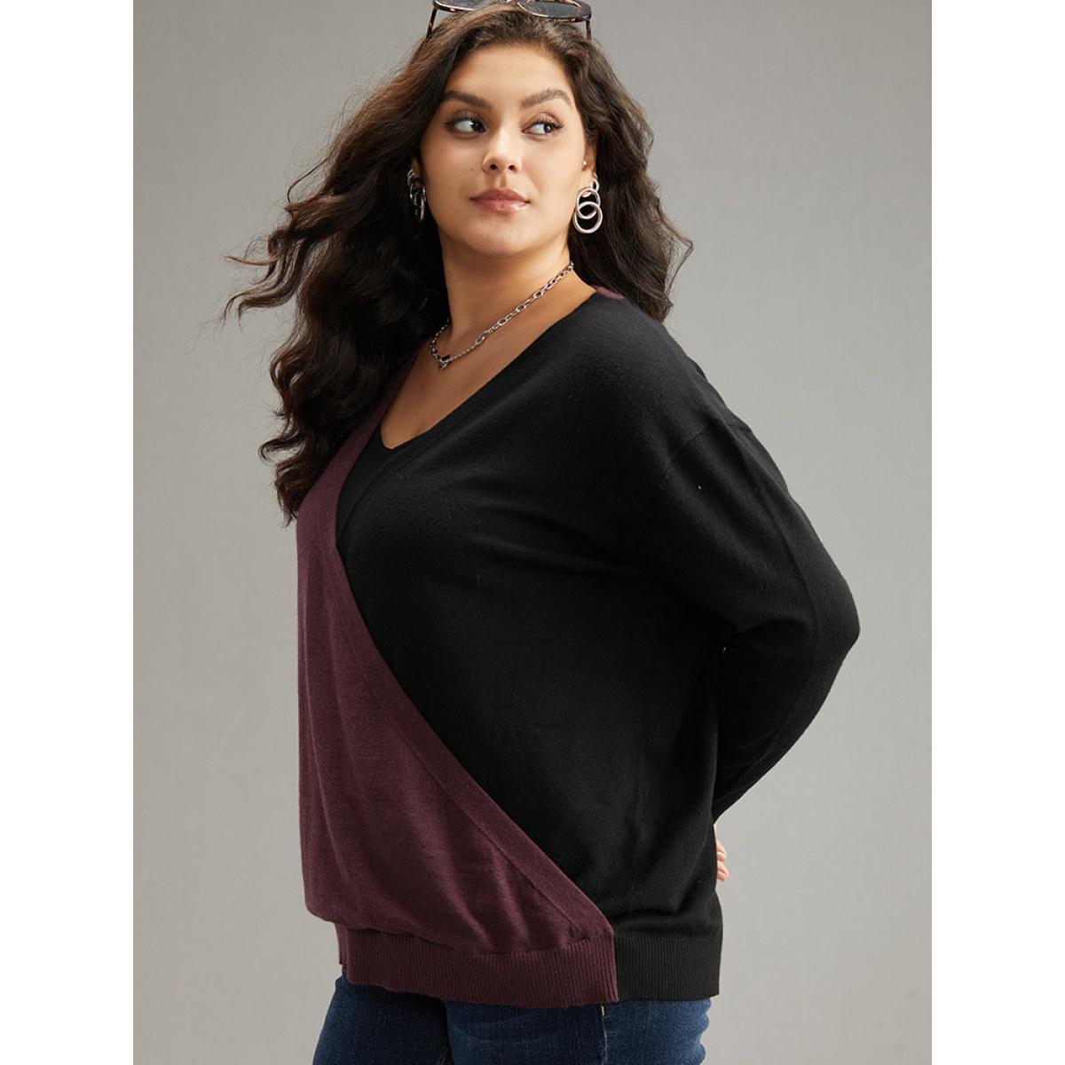 Plus Size Supersoft Essentials Colorblock Surplice Neck Elastic Hem Pullover Burgundy Women Casual Loose Long Sleeve V-neck Everyday Pullovers BloomChic 14-16/1X Product Image