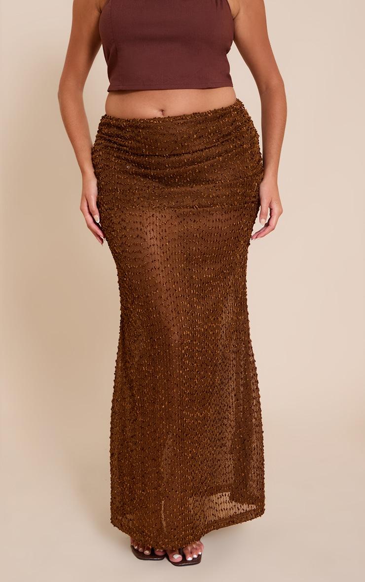 Plus Taupe Textured Boucle Fold Over Ruched Maxi Skirt Product Image