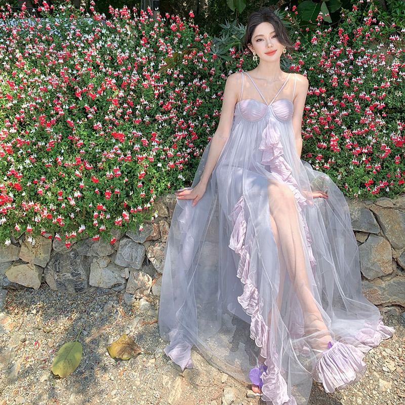 Spaghetti Strap Two-Tone Ruffled Maxi Sundress Product Image