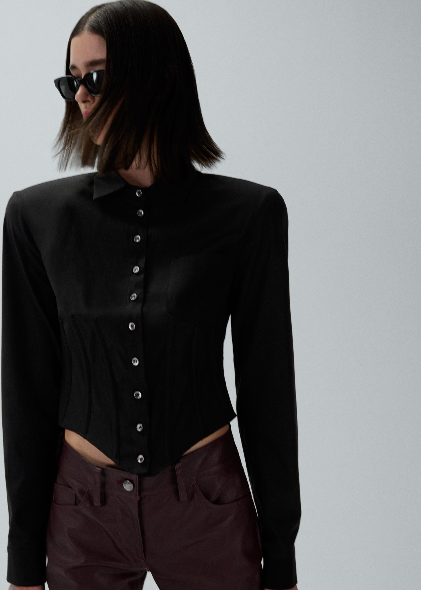 Cropped corset button-up shirt in black Product Image