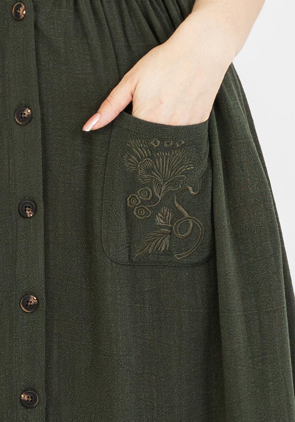 Foliate Linen-Blend Embroidered Button Up Midi Dress - Green Product Image
