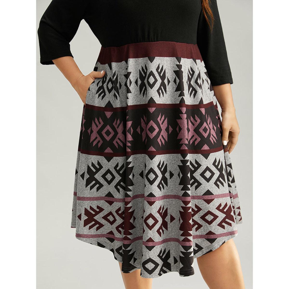 Plus Size Christmas Geometric Contrast Curved Hem Dress Black Women Casual Printed Round Neck Elbow-length sleeve Curvy Midi Dress BloomChic 14-16/1X Product Image