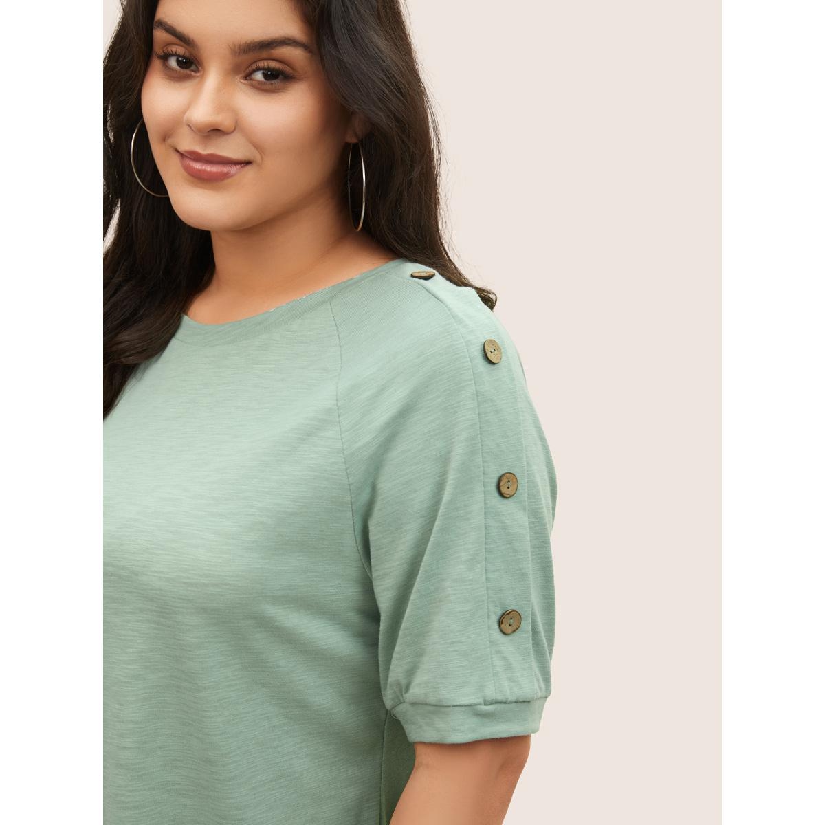 Plus Size Plain Button Detail Raglan Sleeve T-shirt Mint Women Casual Non Plain Non Everyday T-shirts BloomChic 12/L Product Image