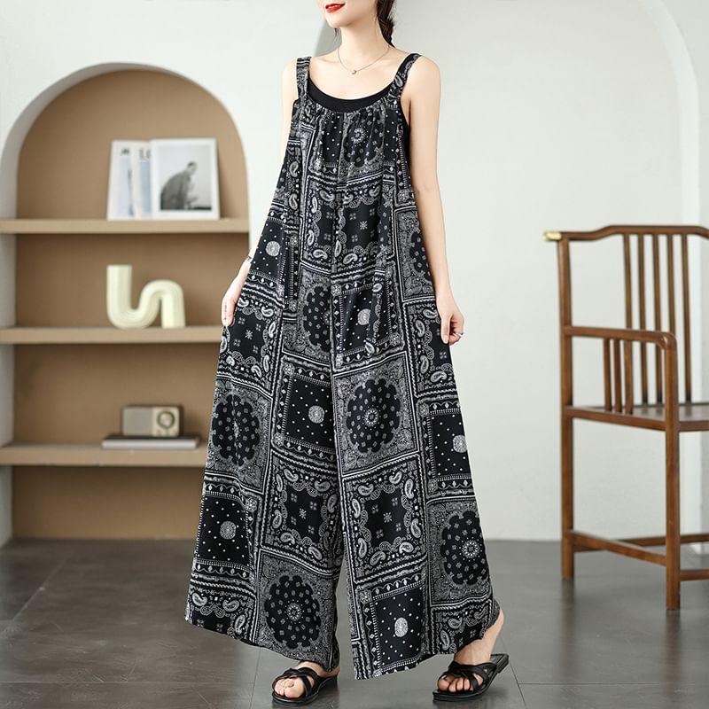 Sleeveless Pattern Wide Leg Jumpsuit Product Image