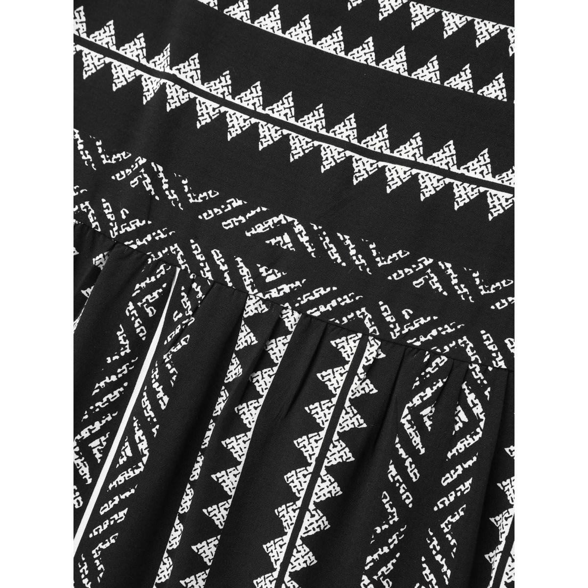 Plus Size Black Boho Striped Round Neck Babydoll Shirt Women Resort Cap Sleeve Round Neck Vacation Blouses BloomChic 22-24/3X Product Image