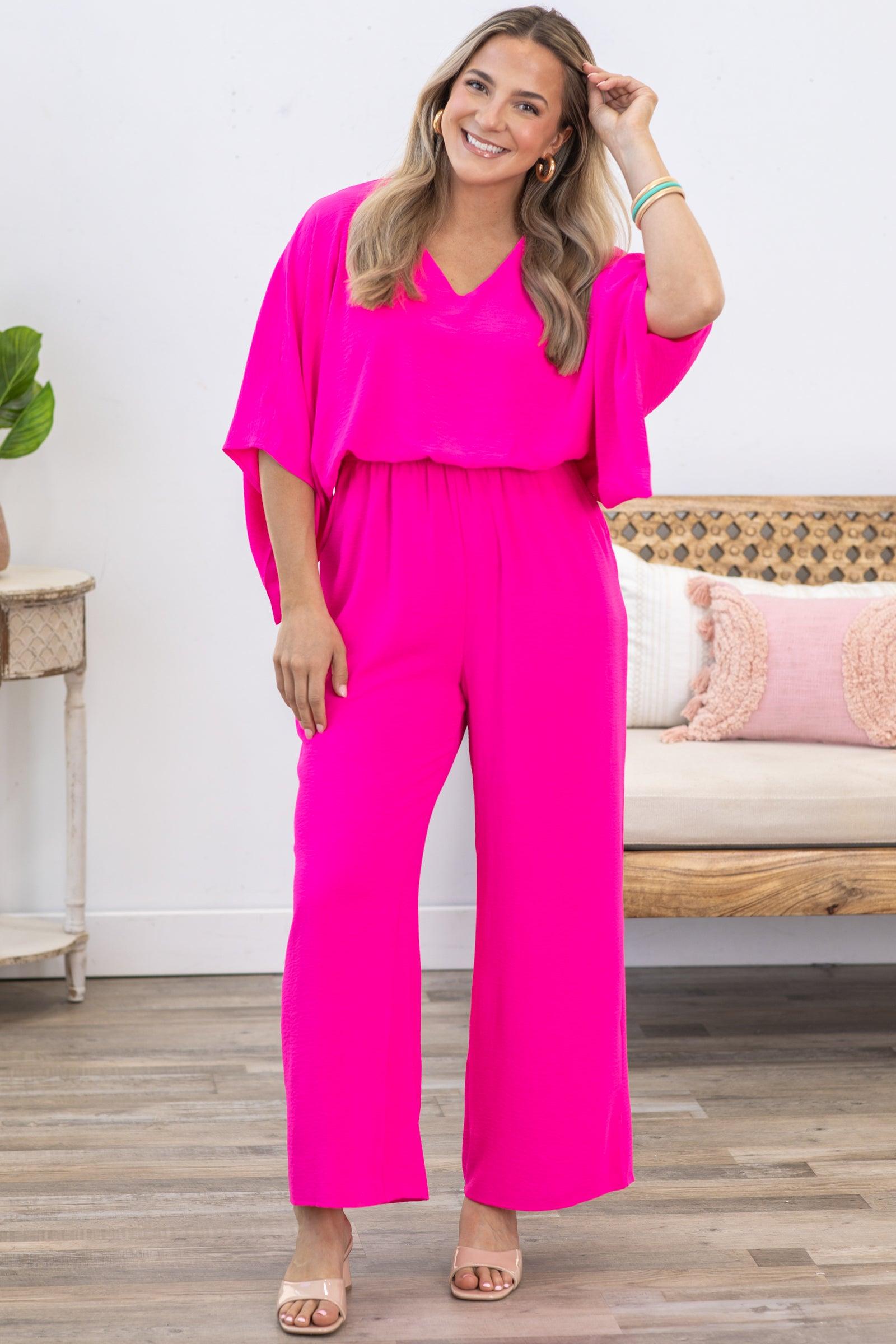 Hot Pink Solid Dolman Sleeve Woven Jumpsuit Product Image