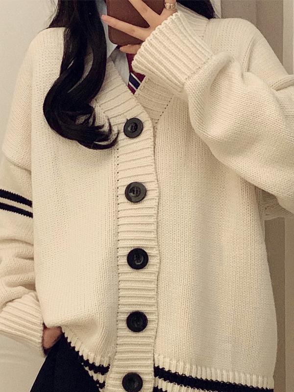 Preppy Stripe Splice V Neck Knit Cardigan Product Image