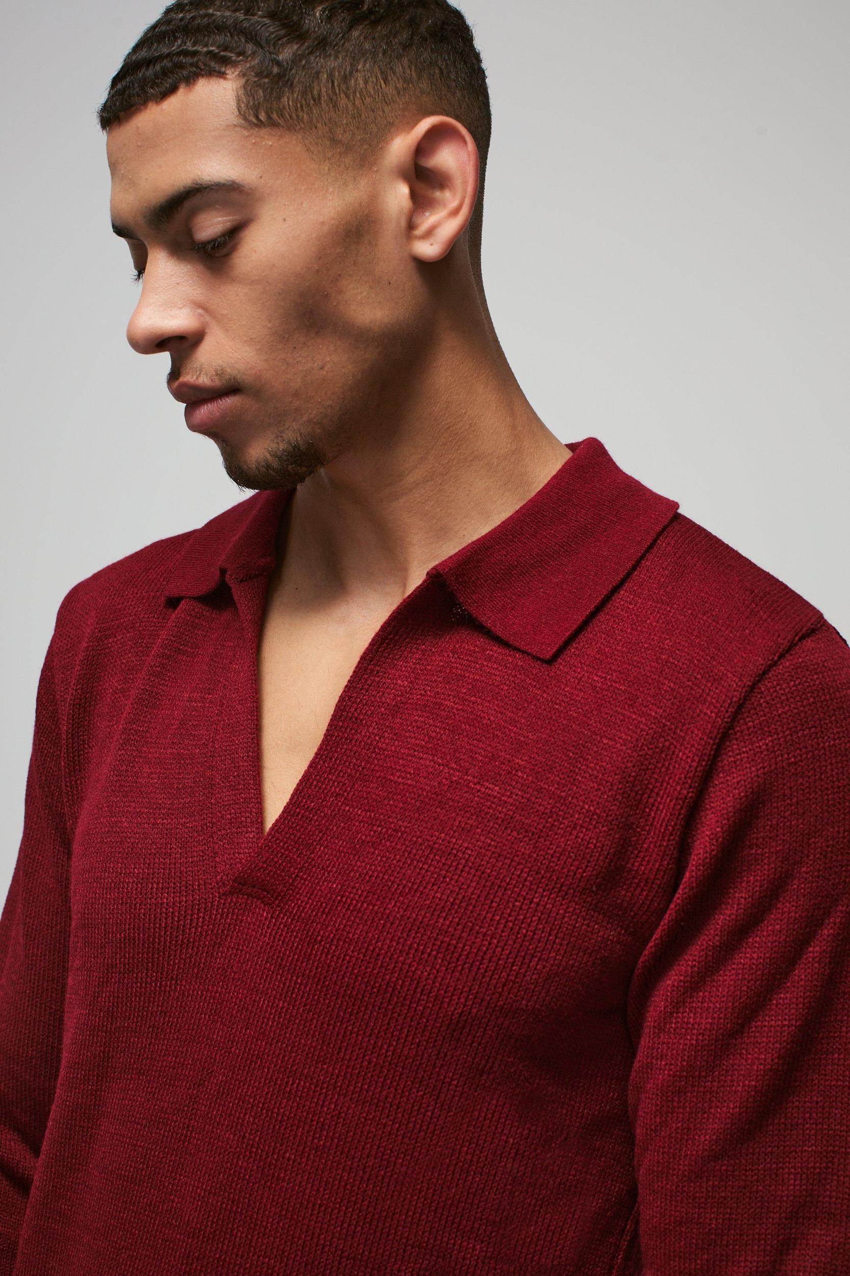 Regular Deep V Revere Collar Knitted Long Sleeve Polo | boohooMAN USA Product Image