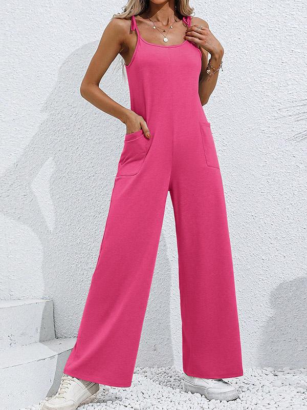 High Waisted Sleeveless Pockets Solid Color Tied Spaghetti-Neck Jumpsuits Product Image