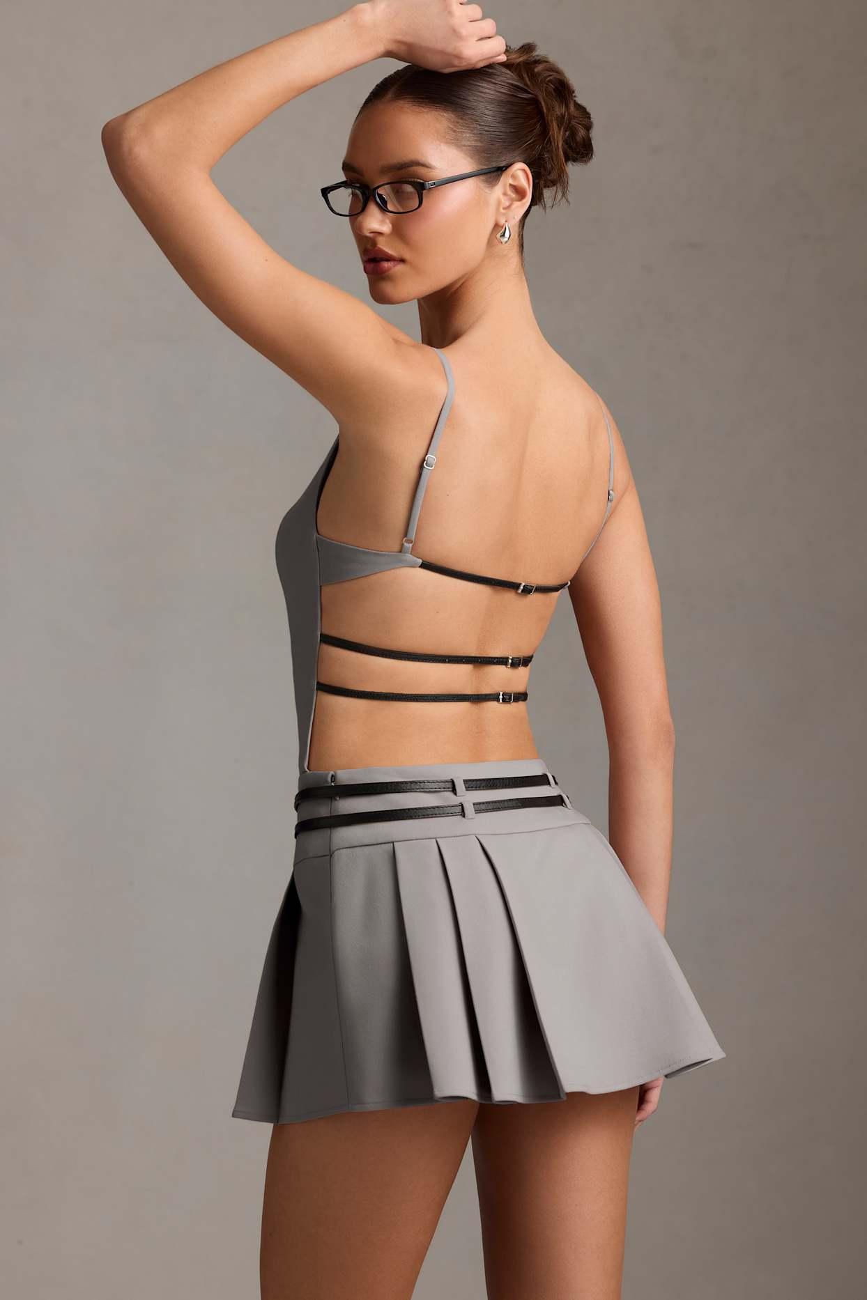 Belted Backless Pleated Mini Dress in Grey Product Image