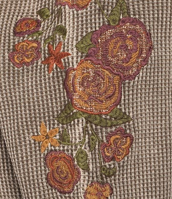 Leo & Nicole Embroidered Mock Neckline Long Sleeve Waffle Acid Wash Top Product Image