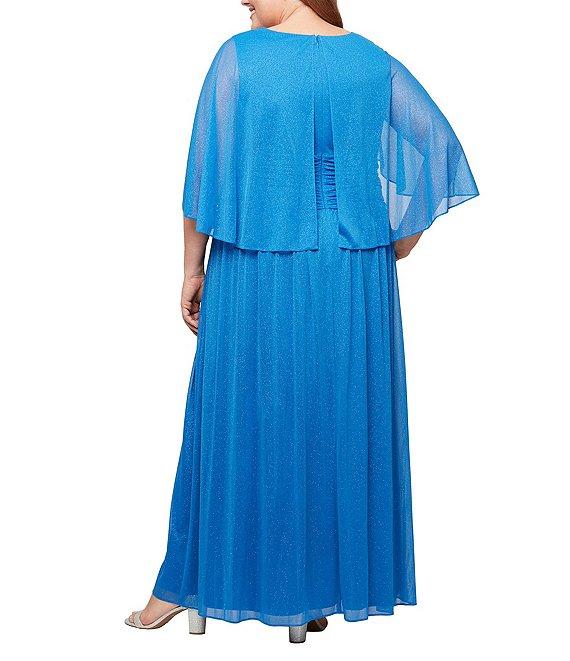 Ignite Evenings Plus Size V-Neck 3/4 Illusion Sleeve Glitter Mesh A-Line Gown Product Image