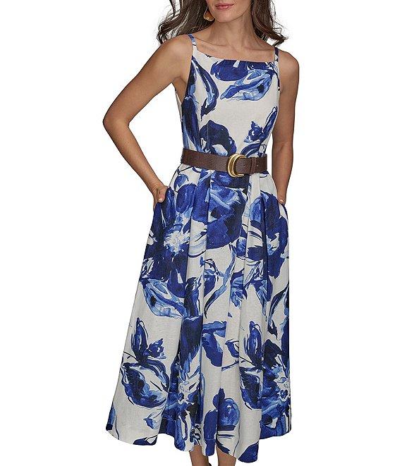 Donna Karan Floral Print A-Line Belted Midi Dress Product Image