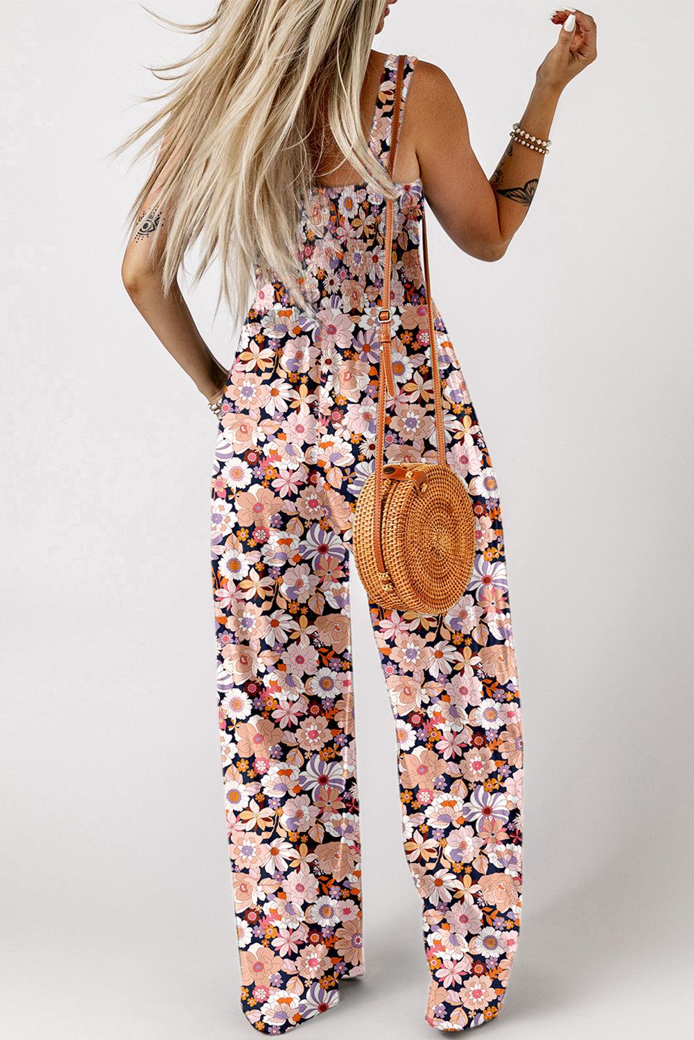 Black Floral Square Neckline Stretch High Waist Jumpsuit Product Image