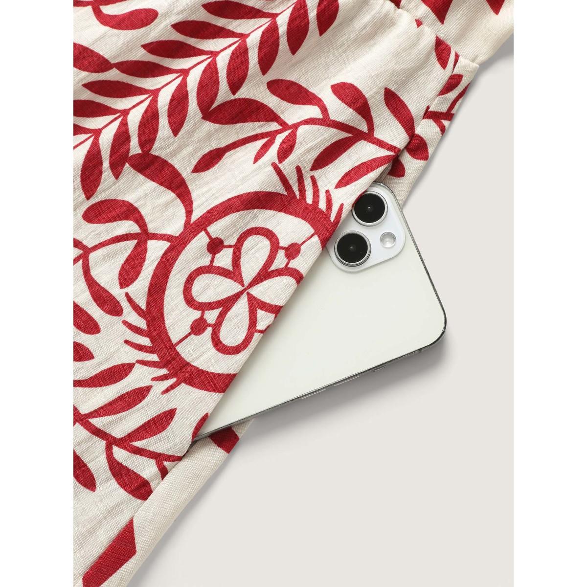 Plus Size Ornate Print Color Contrast Midi Dress Raspberry Women Tie knot Flat collar with V-notch Elbow-length sleeve Curvy BloomChic 30/6X Product Image