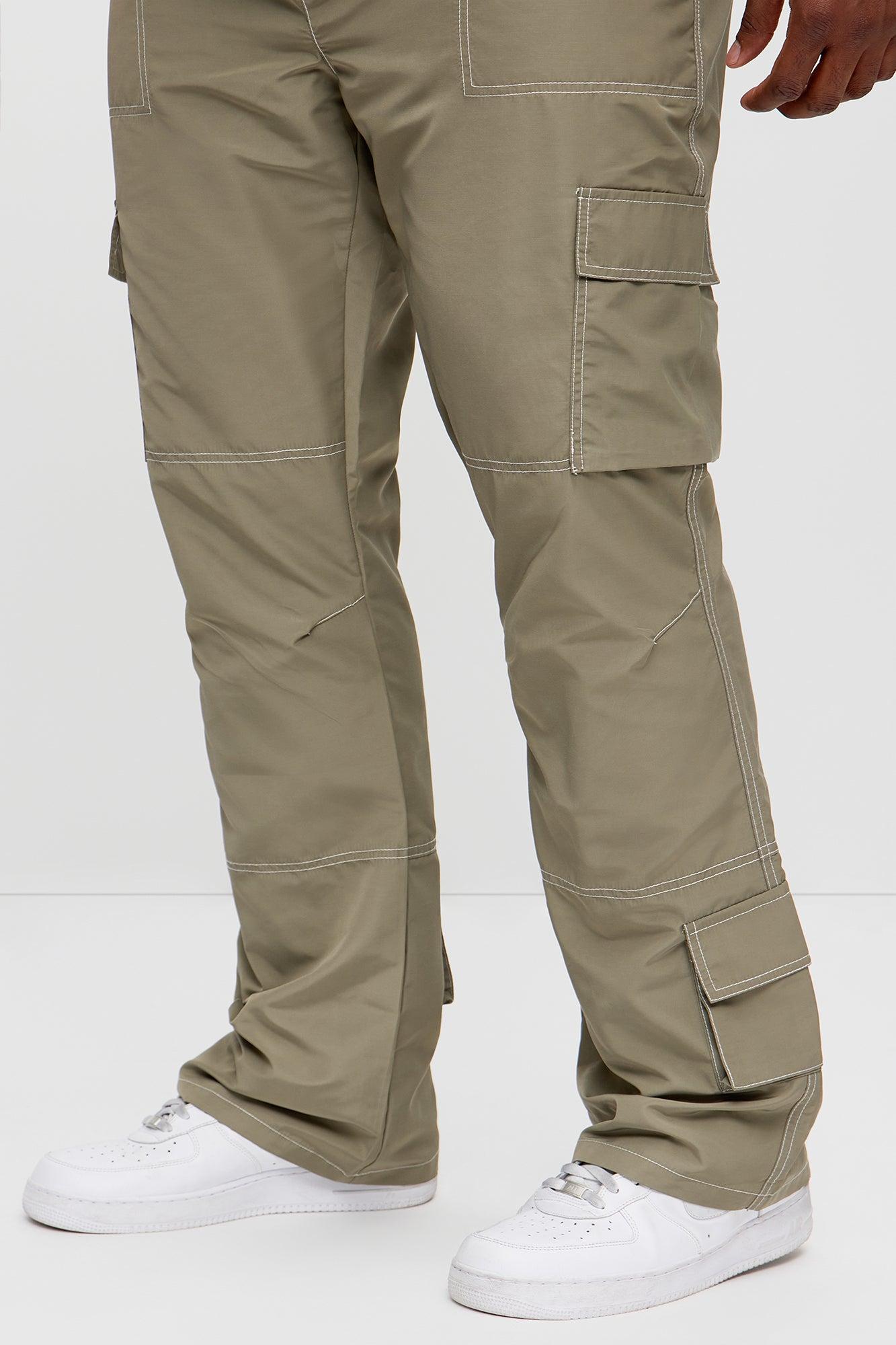 Contrast Stitch Nylon Flared Cargo Pants - Grey Product Image