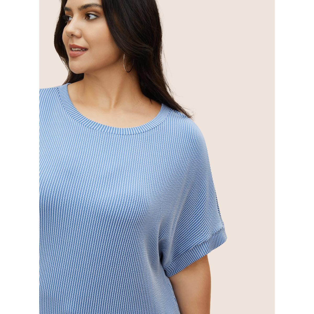 Plus Size Striped Round Neck Batwing Sleeve T-shirt Blue Women Casual Round Neck Everyday T-shirts BloomChic 12/L Product Image