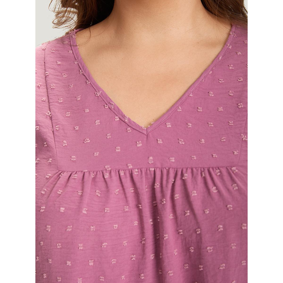 Plus Size Purple Polka Dot Flutter Trim Gathered Blouse Women Elegant Short sleeve V-neck Dailywear Blouses BloomChic 28/5X Product Image