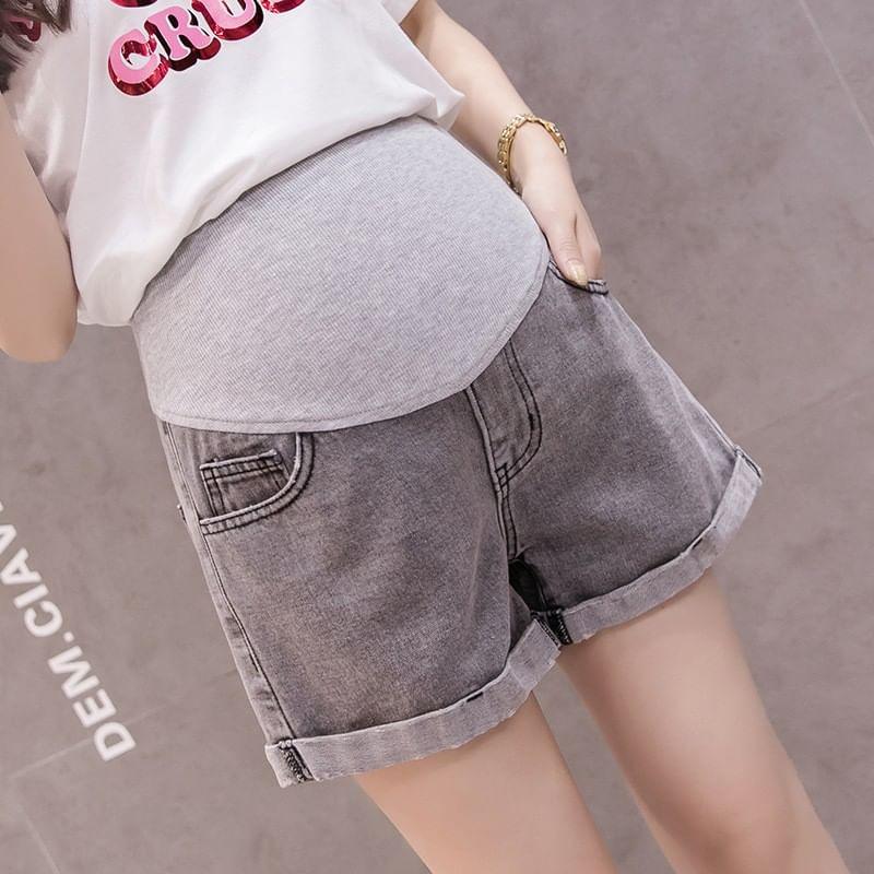 Maternity Low Rise Washed Frayed Distressed Denim Shorts Product Image