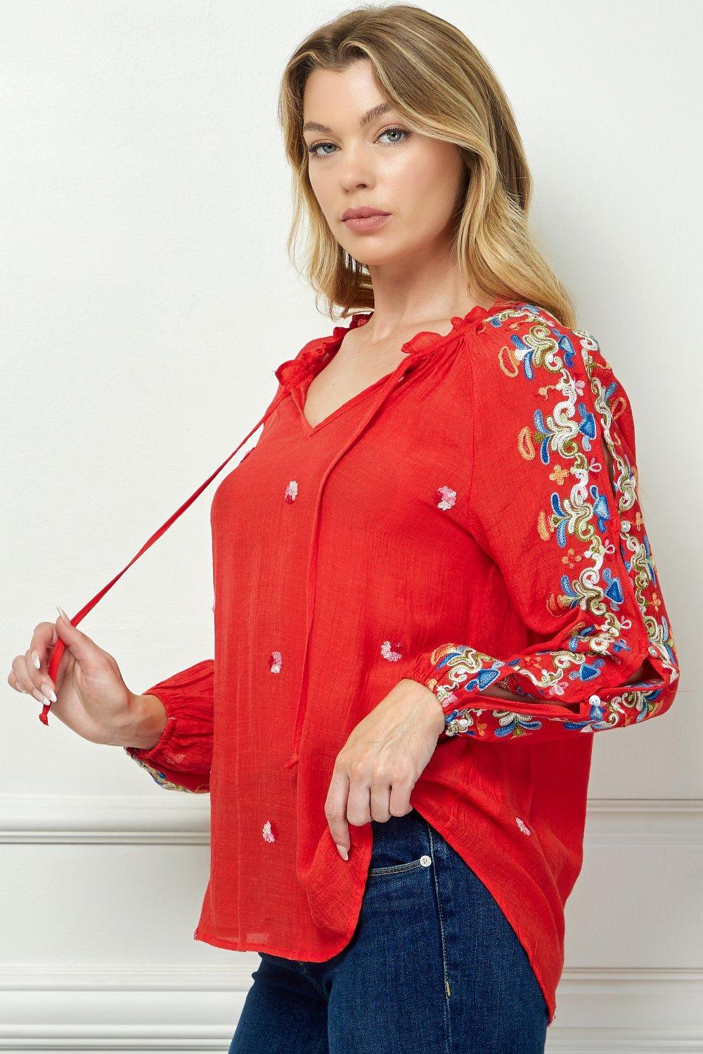 Embroidered Long Sleeve V-Neck Blouse Product Image