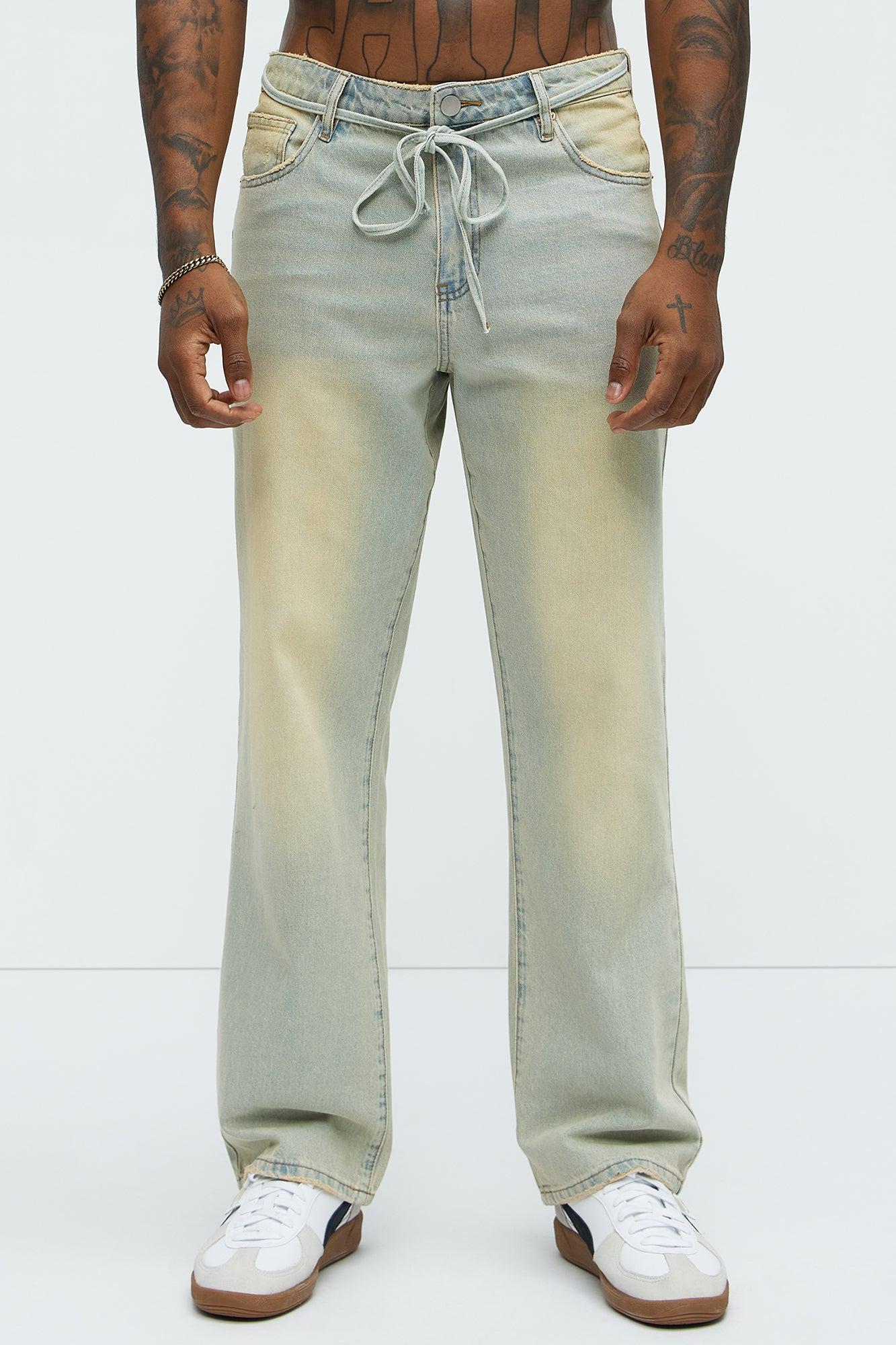 Drawstring Belt Straight Jeans - Vintage Blue Wash Product Image