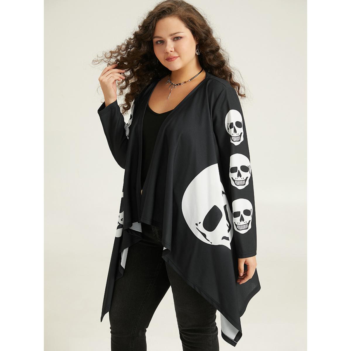 Plus Size Halloween Skull Print Asymmetrical Hem Drape Kimono Women Black Casual Drape Loose Dailywear Kimonos BloomChic 14-16/1X Product Image