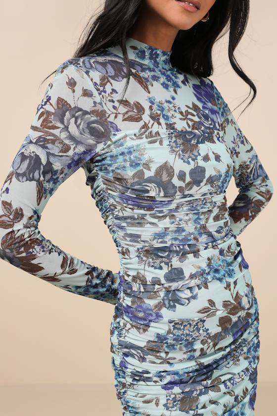 Impressive Flirt Blue Floral Mesh Ruched Mock Neck Midi Dress Product Image