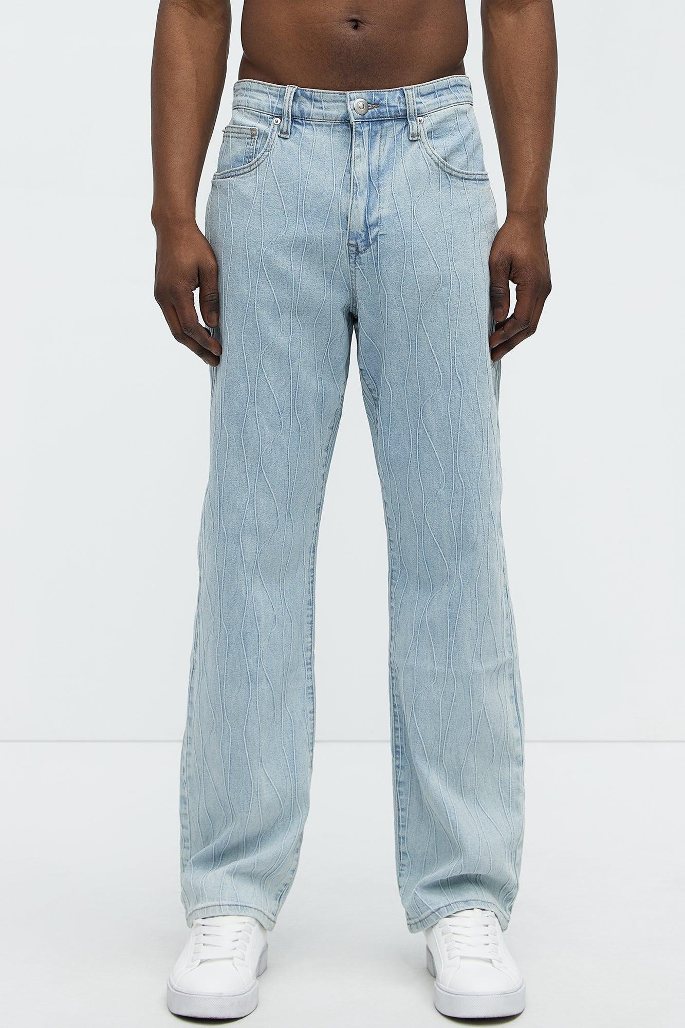 Wavy Jacquard Straight Jeans - Light Blue Wash Product Image